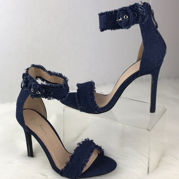 Forever Shoes - Dark Blue Distressed Denim Stiletto Heels.